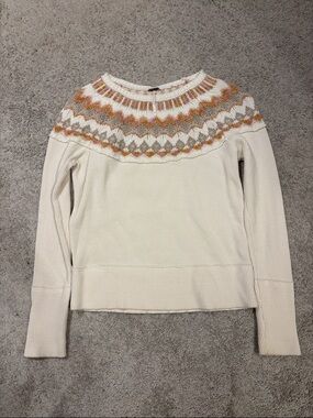 Free People Cream Fair Isle Yoke Crewneck Sweater with Gold & Orange Accents
